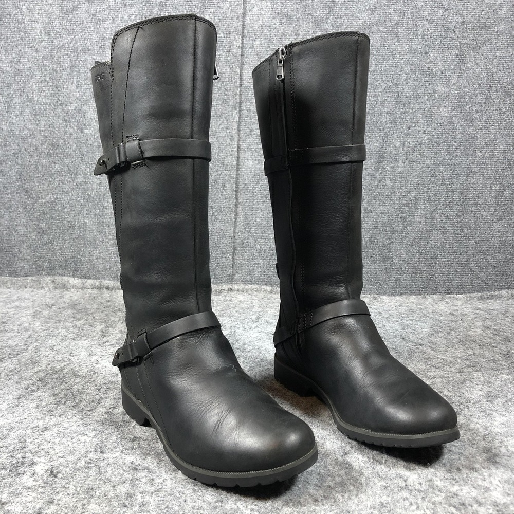 Teva Womens 7 Black Leather Knee High Riding Boots Wedge Zip Buckle‎ 1003011